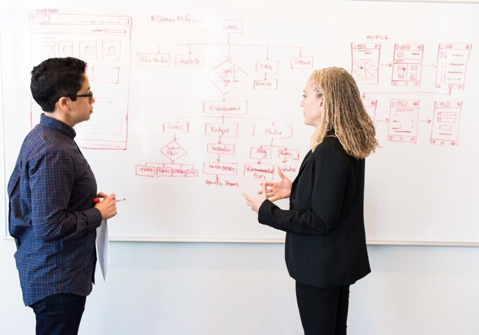 Two people discussing flowchart on whiteboard.