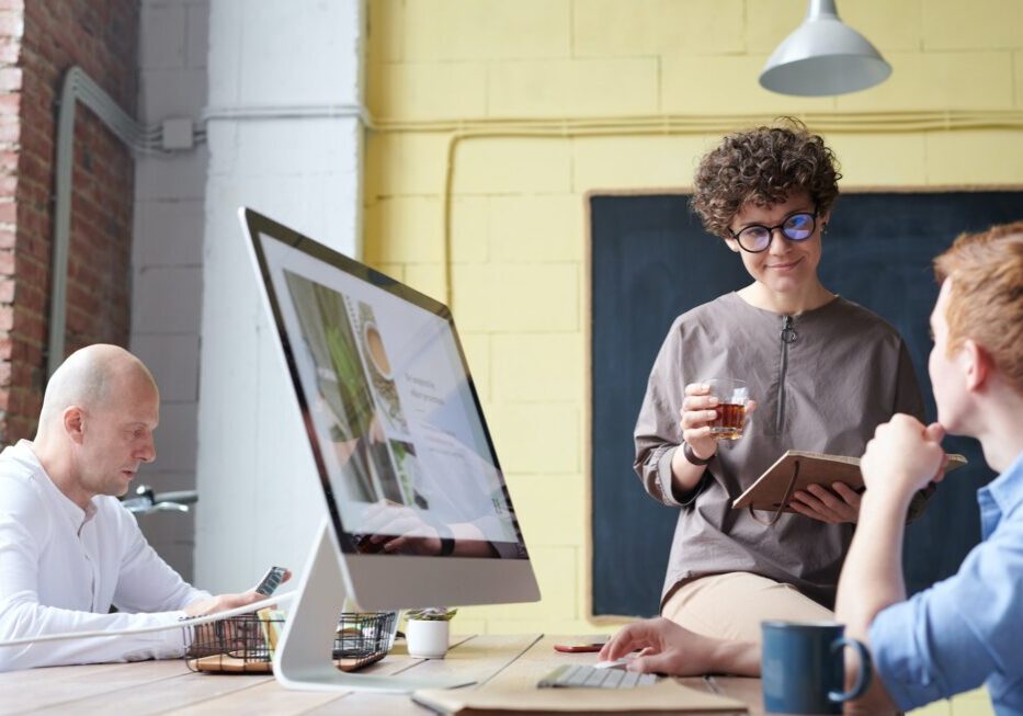People collaborating in a modern office setting.